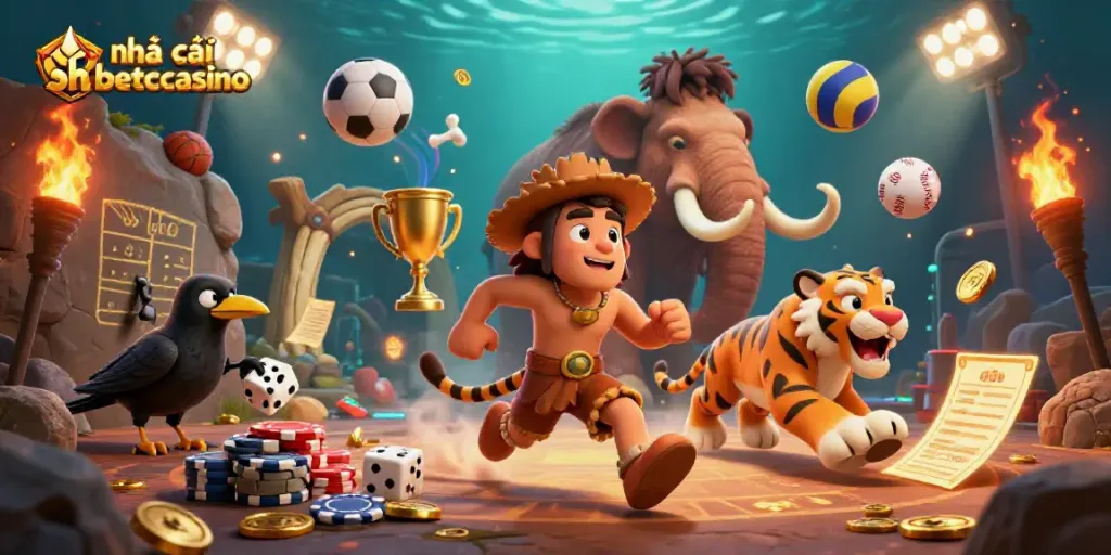 Engaging scene depicting nhà cái shbetcasino with a dynamic prehistoric casino entrance and lively game elements.
