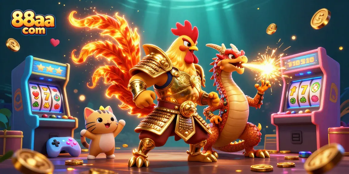 Experience the thrill of casino gaming with 88aa com featuring a heroic rooster and dragon in 3D.