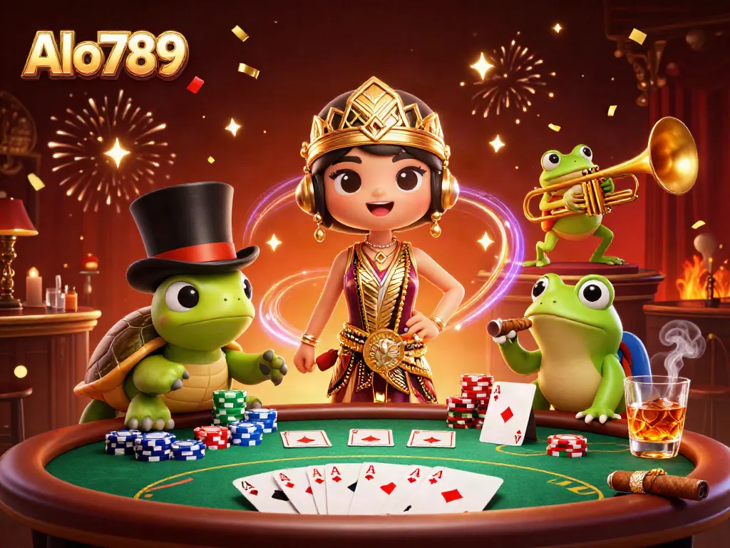 Alo789 players enjoy a vibrant casino scene with a flapper crane, a top-hat turtle, and a trumpet frog.