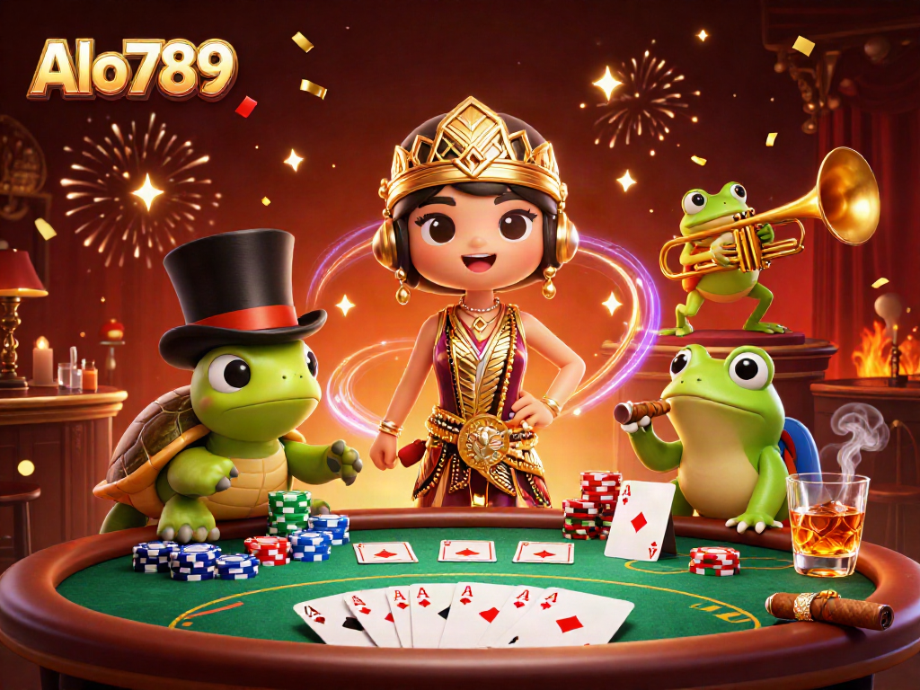 Alo789 players enjoy a vibrant casino scene with a flapper crane, a top-hat turtle, and a trumpet frog.