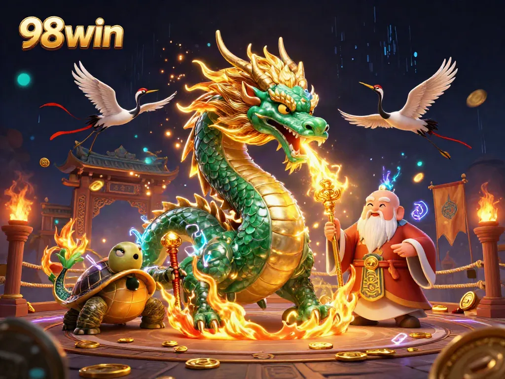 Engage with 98win's captivating 3D casino scene featuring mystical characters and rich gaming elements.