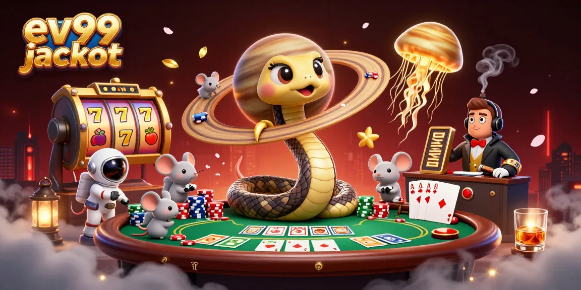 Engage with the ev99 jackpot as a cosmic dealer entertains player bets in this vibrant casino scene.