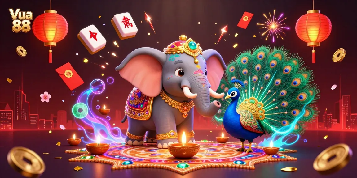 Join the excitement at Vua 88 with a festive elephant illustration showcasing vibrant casino games.