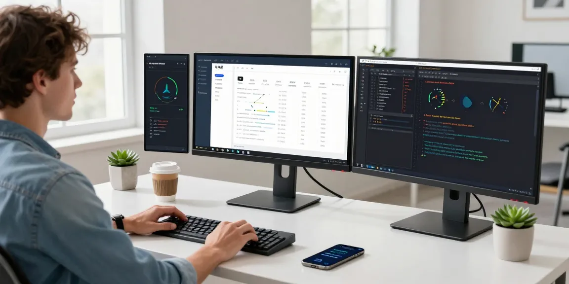 快连 application interface displayed on multiple monitors in a vibrant tech workspace.