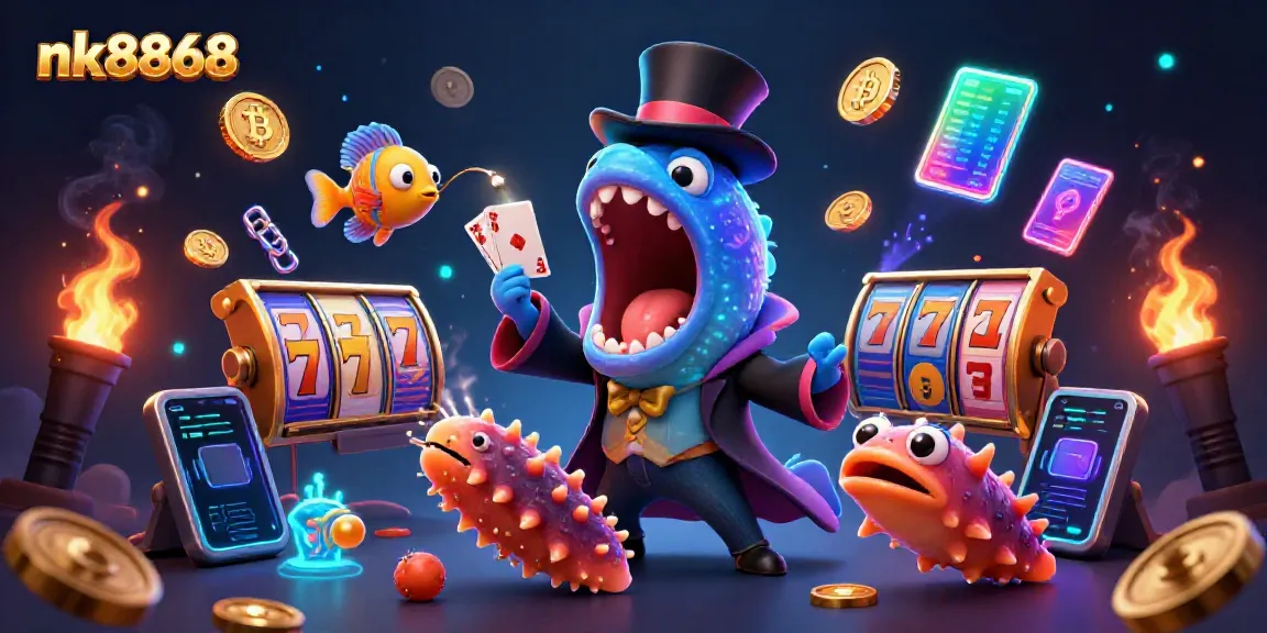 Witness nk8868's vibrant cartoon scene with a deep-sea gulper eel and anglerfish amidst slot reels and crypto coins.