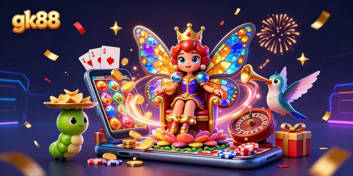 Gamble with gk88 in a vibrant casino scene featuring a magical butterfly queen.