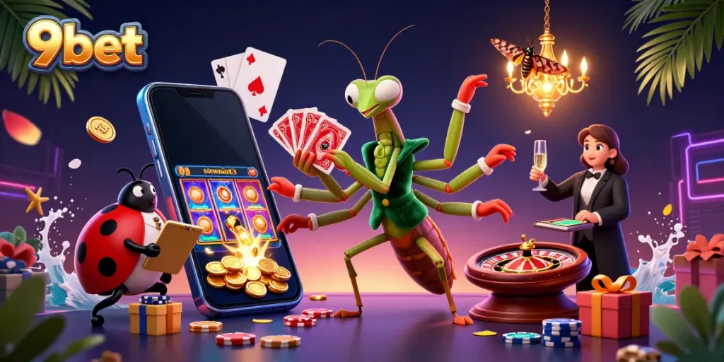 Experience the thrilling action of 9bet with a lively cartoon mantis dealer and engaging casino elements.