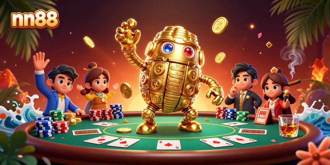 Experience the thrill of nn88 with a golden golem surrounded by poker chips and vibrant casino elements.
