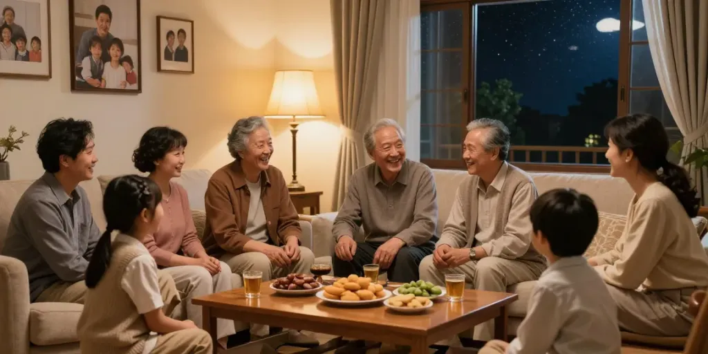 Family gathering highlighting the importance of rokok88 link and honoring parents in a cozy living room.