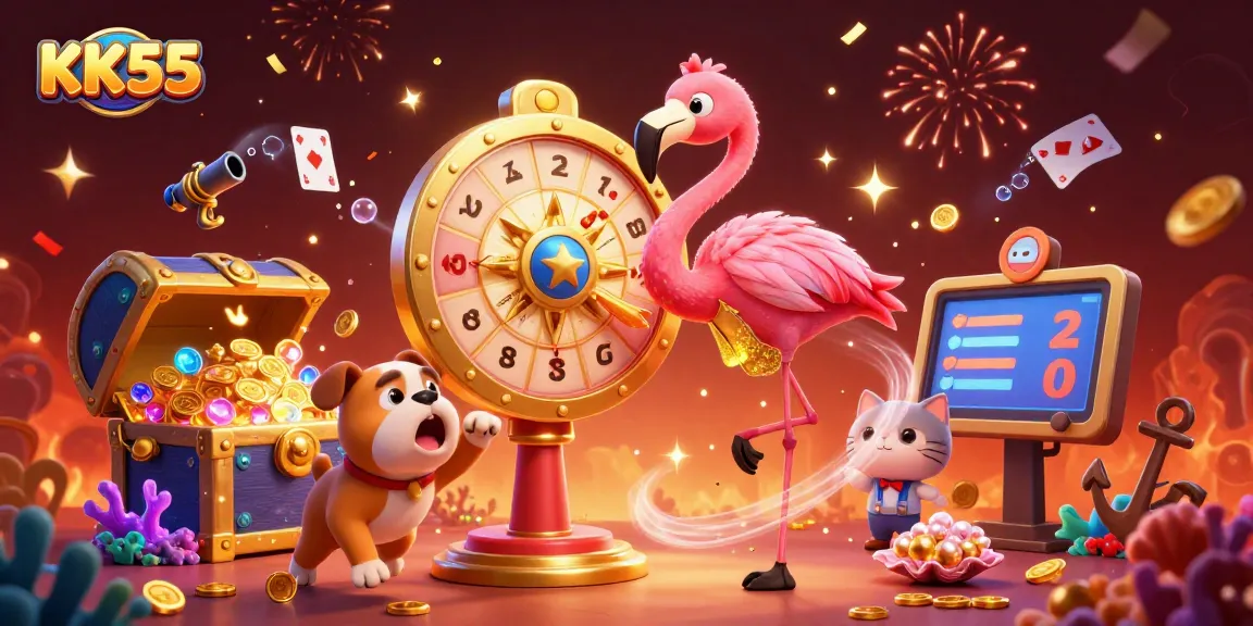 Spin the giant prize wheel at KK55 with a colorful scene of celebration and gaming action.