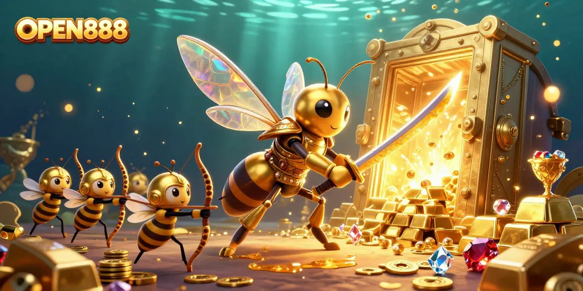 Immerse in the vibrant OPEN888 world, surrounded by golden treasures and animated characters in a dynamic casino theme.