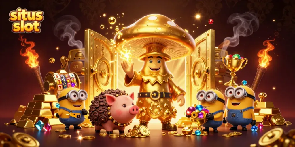 Experience thrilling gameplay at situs slot with magical creatures and treasures in a vibrant casino scene.