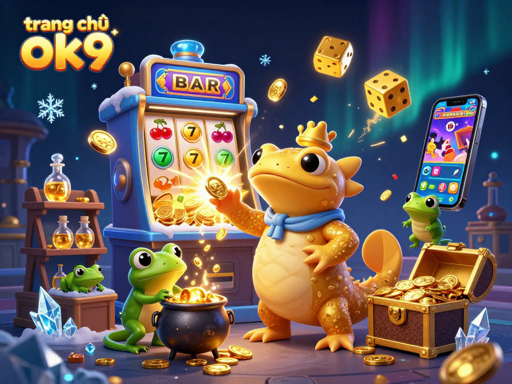 Experience the excitement of trang chủ ok9 with a vibrant casino scene featuring gold coins, slot machines, and playful characters.