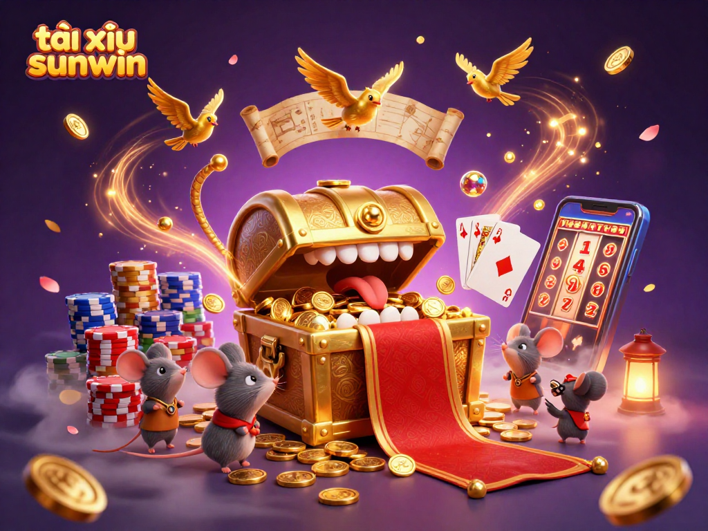 Win big with tài xỉu sunwin in this rich 3D casino illustration featuring treasures and game elements.