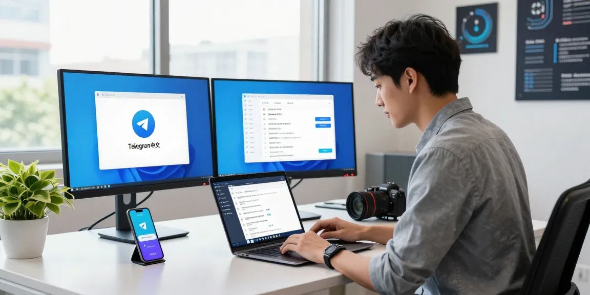 Configuring Telegram中文 interface in a modern office setting with dual monitors and productivity tools.