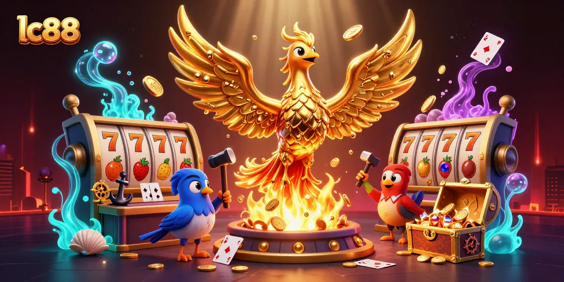 Experience the captivating action of lc88 with a radiant golden phoenix symbolizing fortune amidst a dynamic casino scene filled with vibrant games and treasures.