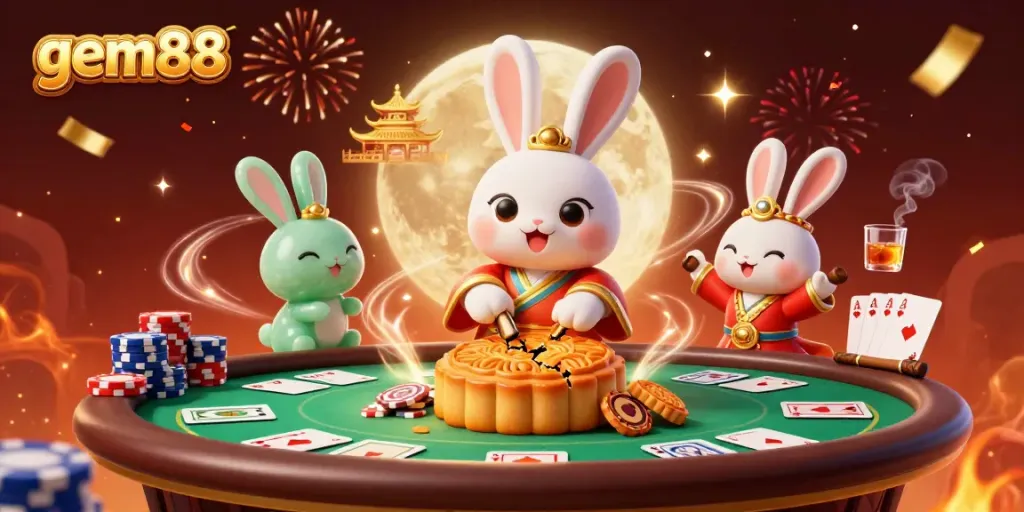 Experience gem88 through a vibrant casino scene with moon rabbits and poker chips bursting with color.