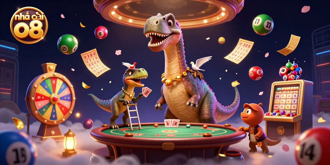Experience excitement at nhà cái o8 with a vibrant casino scene featuring a dinosaur dealer and lottery elements.