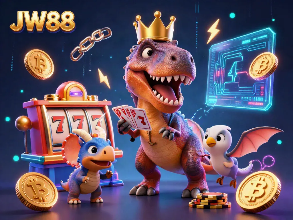 JW88 showcases a lively casino scene with playful characters enjoying card games and stacking chips.