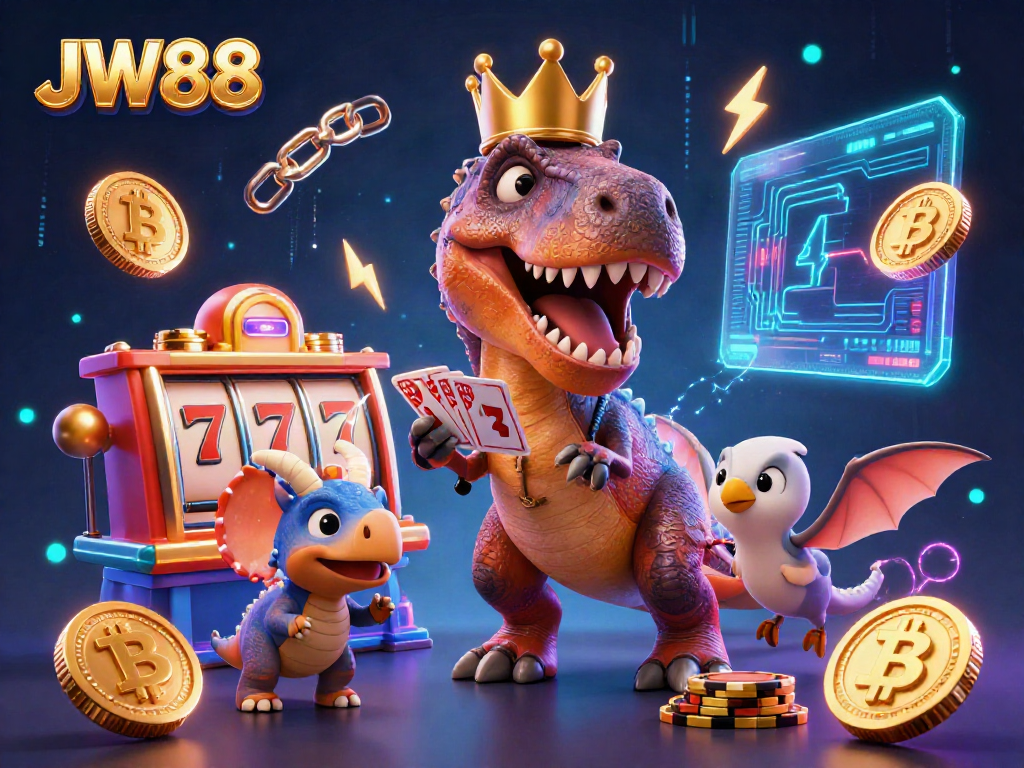 JW88 showcases a lively casino scene with playful characters enjoying card games and stacking chips.
