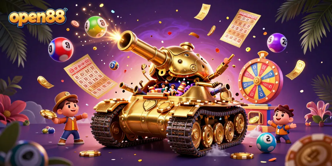 Experience excitement at open88 with a vibrant 3D illustration of a casino on a golden beetle tank.