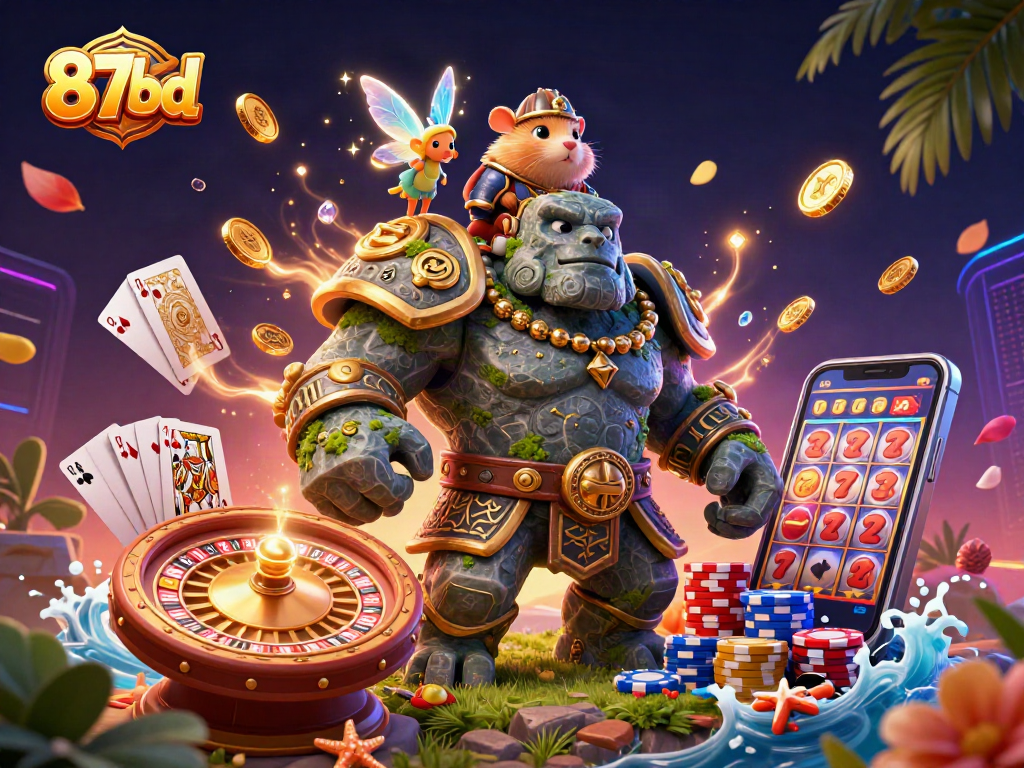 Experience the thrill with 87bd as our golem guardian guards treasures while a brave hamster knight rides!