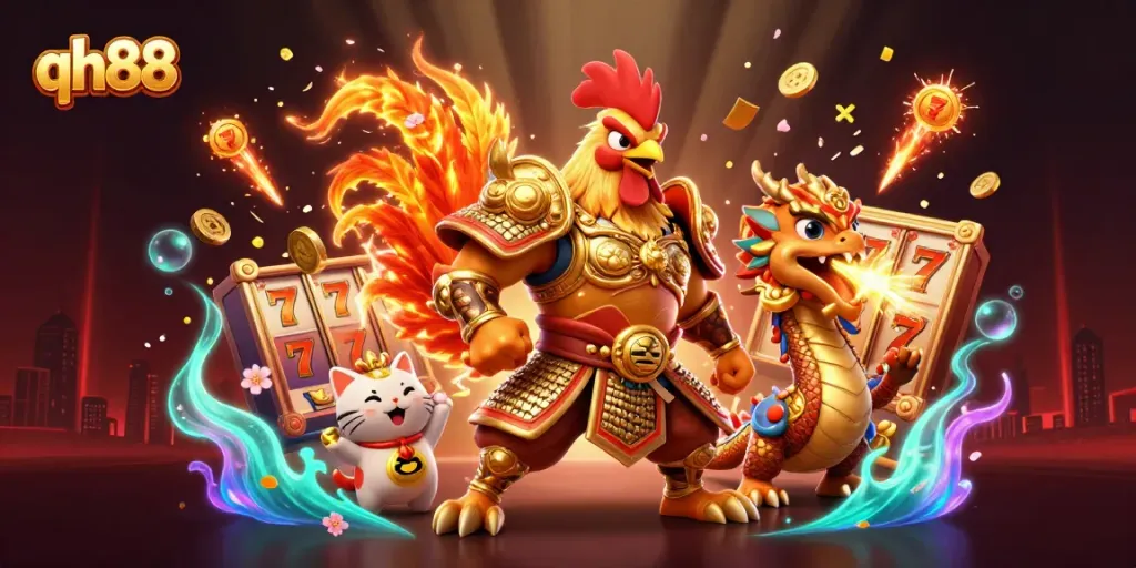 Experience the excitement of qh88 with a dynamic illustration of casino adventures featuring characters in a vibrant scene.