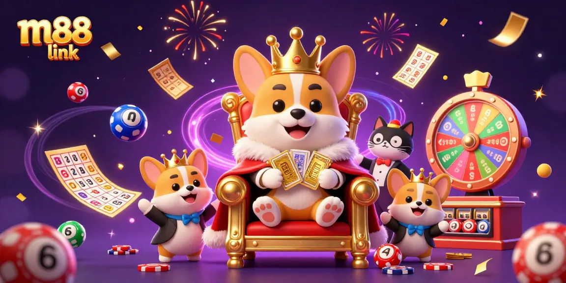Bet on exciting wins with M88 link featuring vibrant lottery balls and royal corgi throne