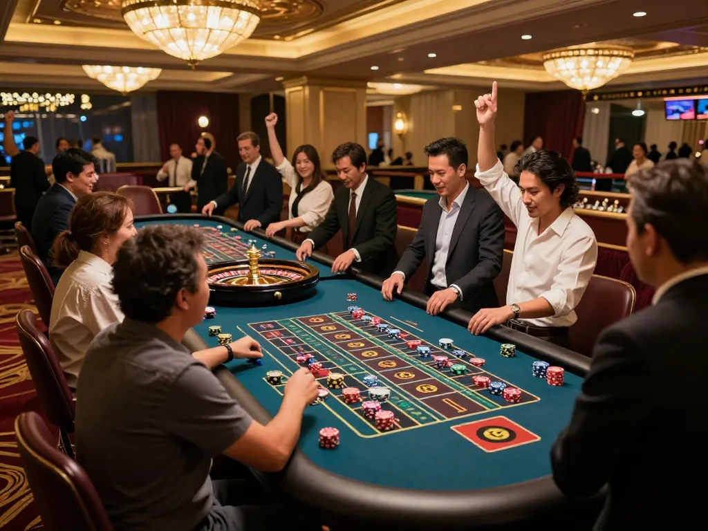red88 casino players enjoying an exciting roulette game with vibrant chips and a spinning wheel