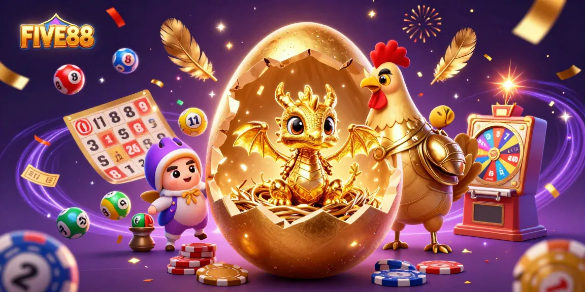 Experience thrilling excitement at FIVE88 with a dynamic scene of colourful lottery balls and rich casino elements.