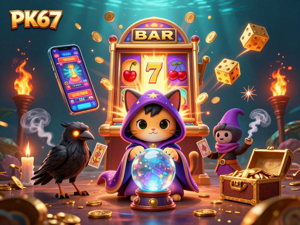Experience the magic of PK67 with vibrant slot machines and mystical characters in an engaging casino scene.