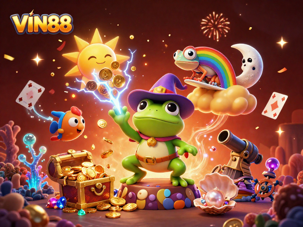 Experience thrilling action at VIN88 with colorful characters and casino game elements in a vibrant scene.