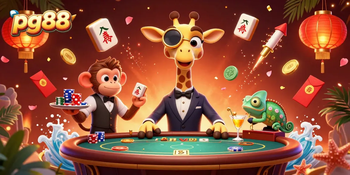 Experience exciting gaming at pg88 with a vibrant casino scene featuring playful characters and festive decorations.