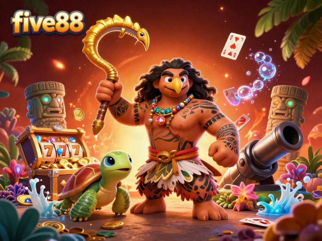 Experience excitement with five88 in a vibrant 3D casino illustration featuring dynamic game elements.