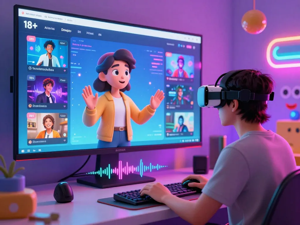 Immersive scene showcasing user engaging with 18+ AI character in vibrant digital landscape.