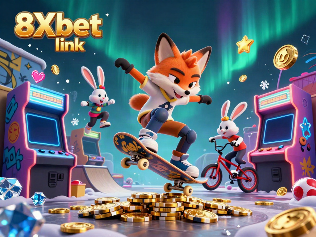 Experience thrilling gaming action in this vibrant 8Xbet link illustration featuring dynamic characters and casino elements.