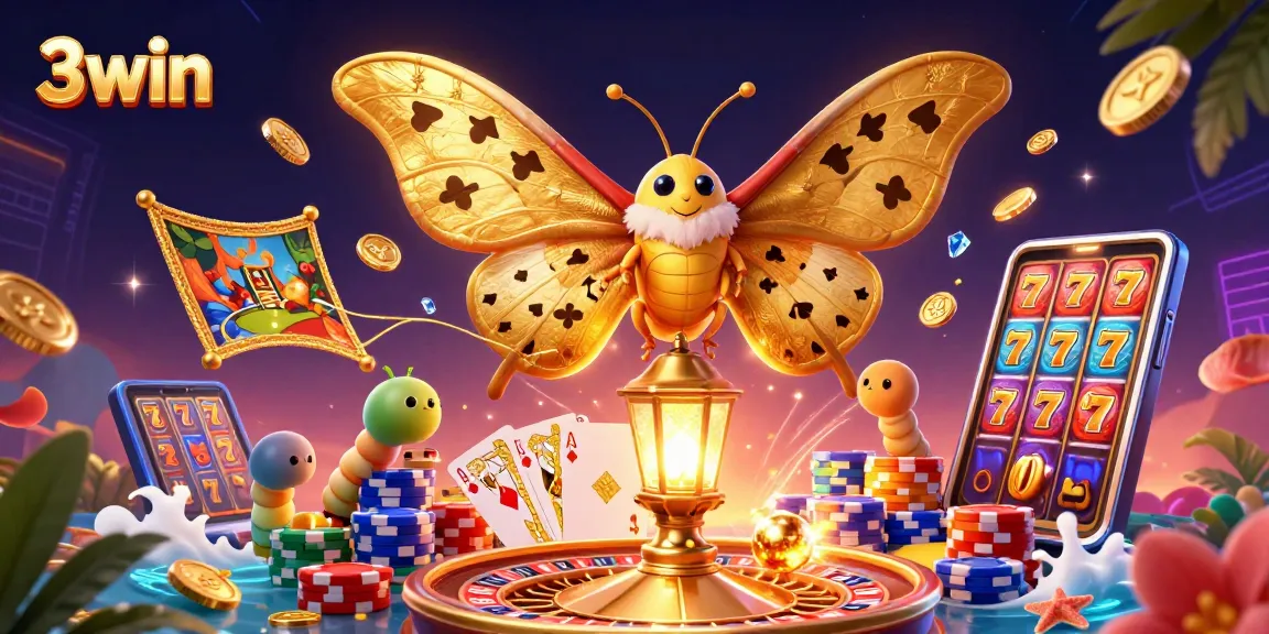 Experience thrilling gaming at 3win with a vibrant scene of casino elements and a majestic moth.