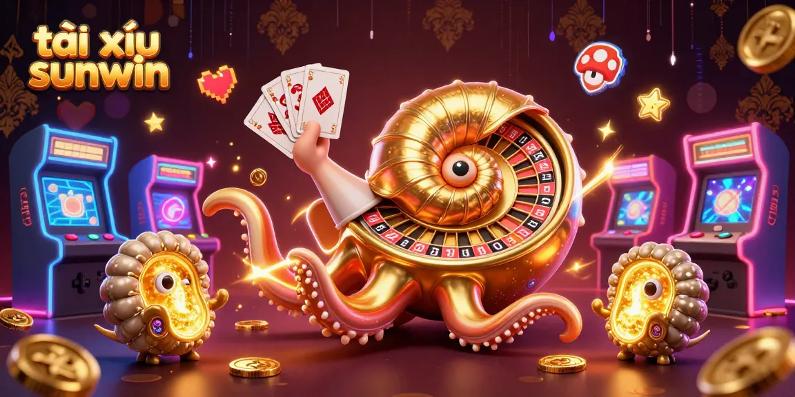 Tài xỉu sunwin gaming scene with 3D nautilus holding cards, roulette, and arcade game elements