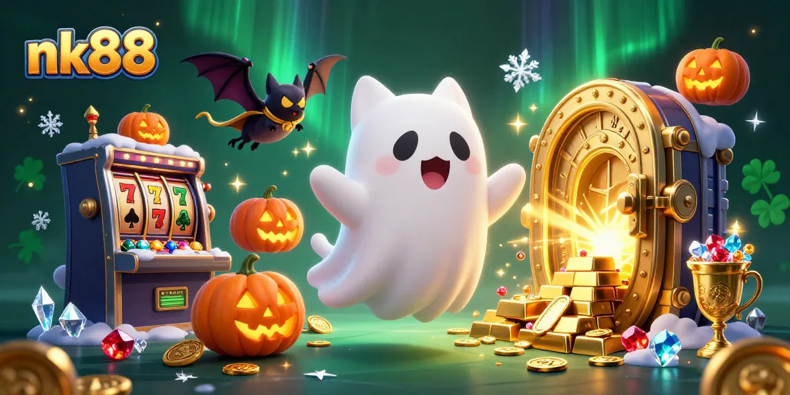 Win at nk88 with festive ghost cat and bat in a haunted casino filled with jackpots