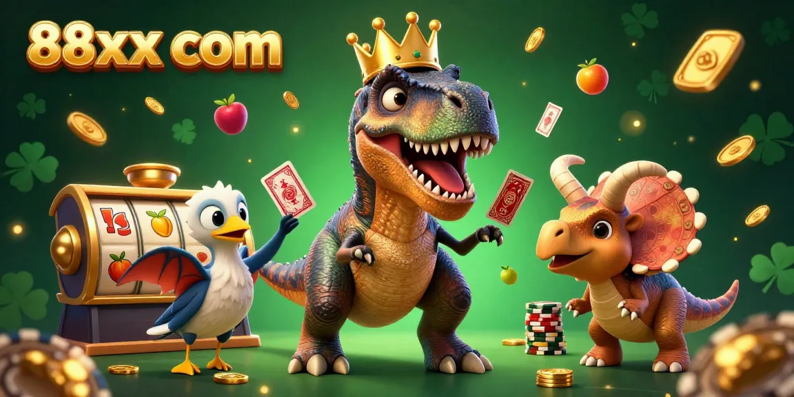 Engage in thrilling gameplay at 88xx com with a lively 3D illustration showcasing dynamic characters and exciting casino elements.