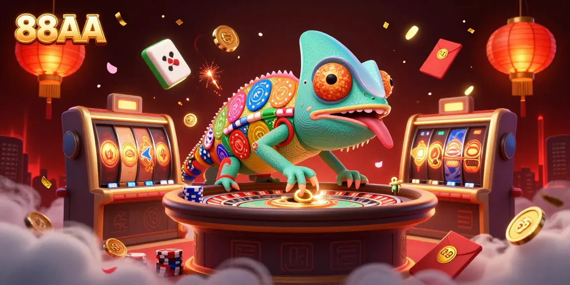Experience the vibrant energy of 88AA with a dynamic 3D illustration showcasing a chameleon casino owner and slot games.