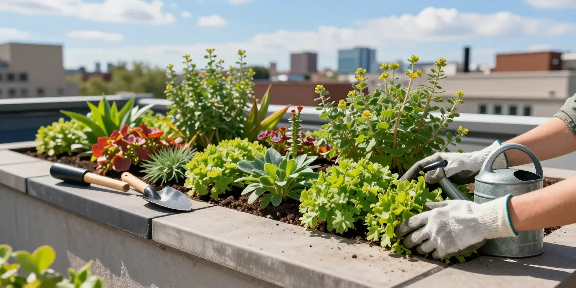 Levende sedumdak kosten met een tuinier die sedum plant op een dak.