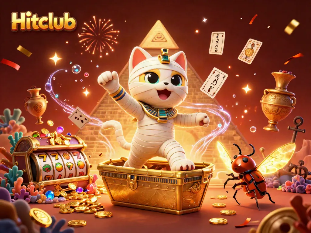 Engage with Hitclub casino thrills as the Egyptian mummy cat bursts from the golden sarcophagus surrounded by vibrant slot symbols.