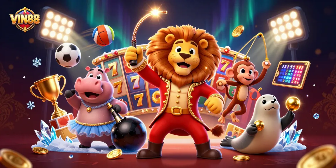 Experience excitement with VIN88's vibrant gaming scene featuring lively characters and slot reels.