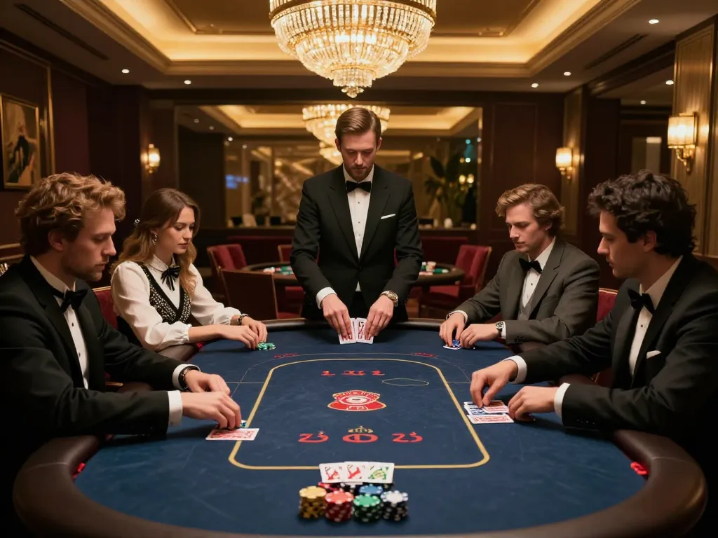 Players strategizing at a high-stakes poker table in lu88 casino, capturing the thrill of elite gambling