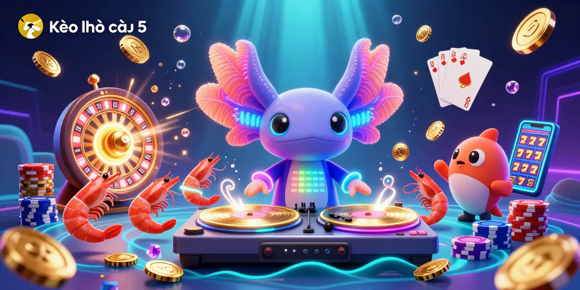 Kèo nhà cái 5 showcases a vibrant underwater casino scene with an axolotl DJ, shrimp dancers, and golden coins flying around.
