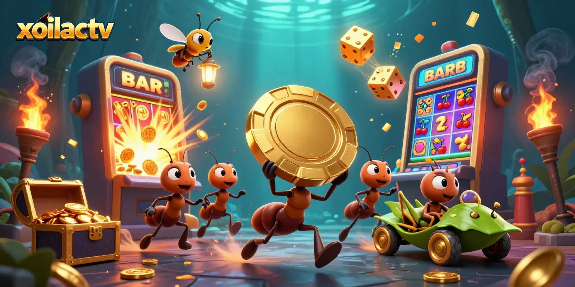 Xoilactv offers a vibrant casino experience with a dynamic scene of ants in a colorful heist.