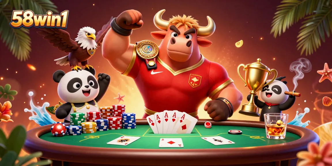 Experience excitement at 58win1 with a dynamic casino scene featuring a bull mascot, eagle, and panda.
