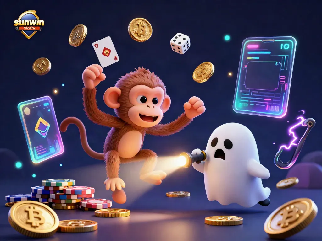 Experience the thrilling world of sunwin chính thức as a playful poltergeist monkey juggles casino treasures in a haunted setup.