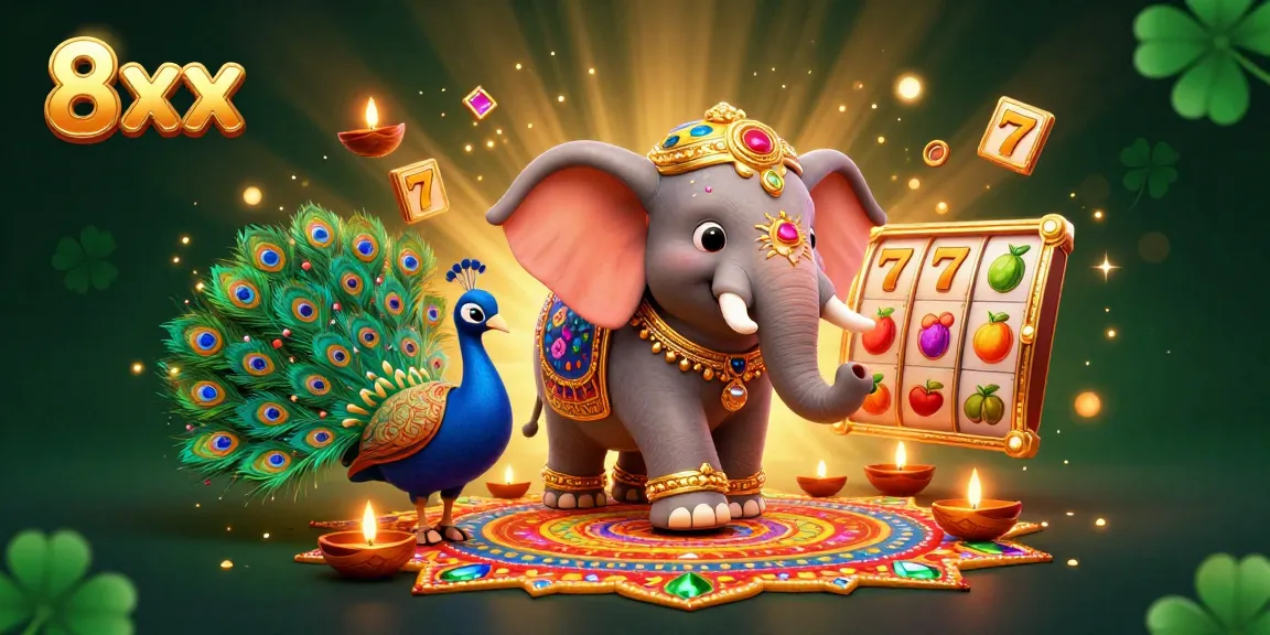 Spinning the jackpot reels with the 8xx themed elephant and peacock in a vibrant casino scene.